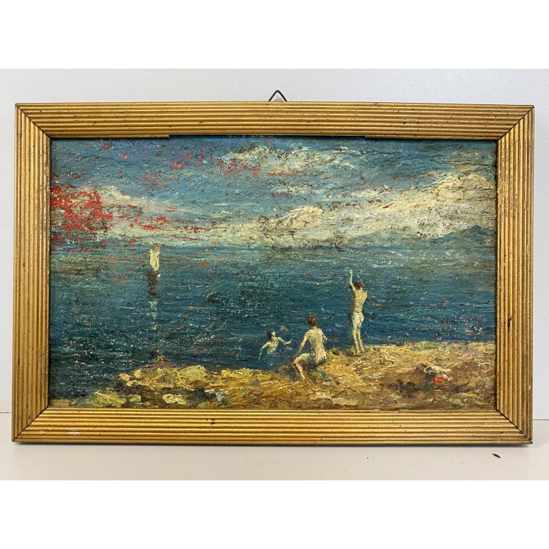 ANTICO QUADRO DIPINTO OLIO PAESAGGIO LACUSTRE MARINA FIGURE NUDE