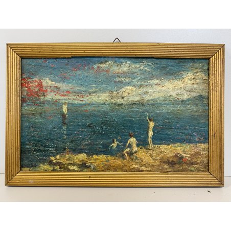 ANTICO QUADRO DIPINTO OLIO PAESAGGIO LACUSTRE MARINA FIGURE NUDE