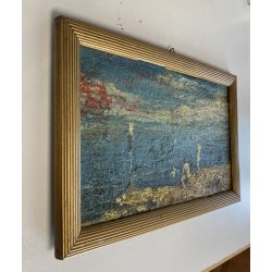 ANTICO QUADRO DIPINTO OLIO PAESAGGIO LACUSTRE MARINA FIGURE NUDE