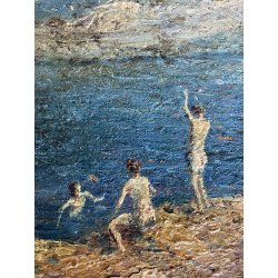 ANTICO QUADRO DIPINTO OLIO PAESAGGIO LACUSTRE MARINA FIGURE NUDE