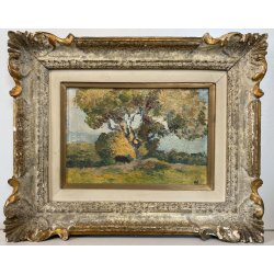 ANTICO PICCOLO DIPINTO OLIO "Albero con maiale" E.B. PAESAGGIO AGRESTE SICILIA