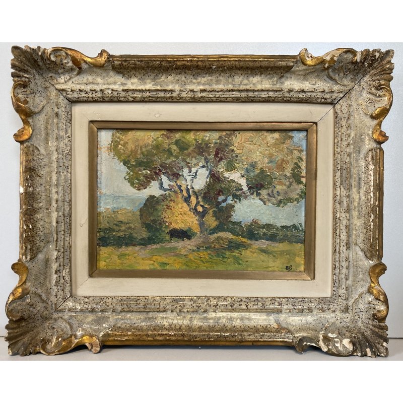 ANTICO PICCOLO DIPINTO OLIO "Albero con maiale" E.B. PAESAGGIO AGRESTE SICILIA