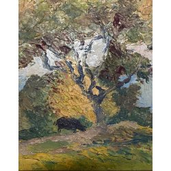 ANTICO PICCOLO DIPINTO OLIO "Albero con maiale" E.B. PAESAGGIO AGRESTE SICILIA