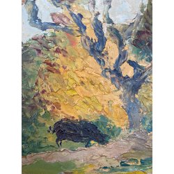 ANTICO PICCOLO DIPINTO OLIO "Albero con maiale" E.B. PAESAGGIO AGRESTE SICILIA