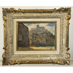 ANTICO PICCOLO DIPINTO OLIO  E.B. "Veduta di Patti" "Paese controluce" SICILIA