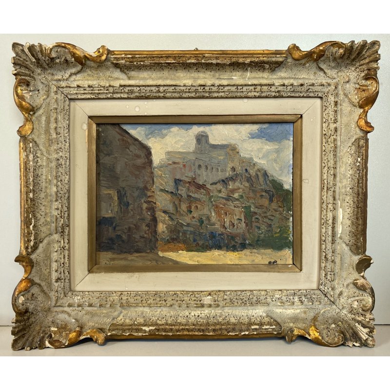 ANTICO PICCOLO DIPINTO OLIO  E.B. "Veduta di Patti" "Paese controluce" SICILIA