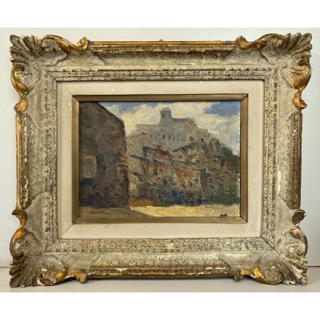 ANTICO PICCOLO DIPINTO OLIO  E.B. "Veduta di Patti" "Paese controluce" SICILIA