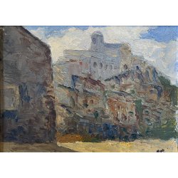 ANTICO PICCOLO DIPINTO OLIO  E.B. "Veduta di Patti" "Paese controluce" SICILIA