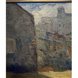 ANTICO PICCOLO DIPINTO OLIO  E.B. "Veduta di Patti" "Paese controluce" SICILIA