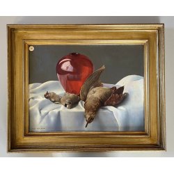 QUADRO DIPINTO OLIO Ugo Celada NATURA MORTA COMPOSIZIONE VASO VETRO CACCIAGIONE