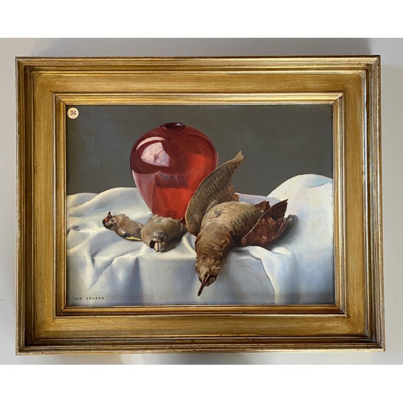 QUADRO DIPINTO OLIO Ugo Celada NATURA MORTA COMPOSIZIONE VASO VETRO CACCIAGIONE