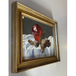 QUADRO DIPINTO OLIO Ugo Celada NATURA MORTA COMPOSIZIONE VASO VETRO CACCIAGIONE