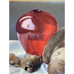 QUADRO DIPINTO OLIO Ugo Celada NATURA MORTA COMPOSIZIONE VASO VETRO CACCIAGIONE