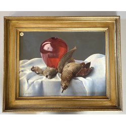 QUADRO DIPINTO OLIO Ugo Celada NATURA MORTA COMPOSIZIONE VASO VETRO CACCIAGIONE