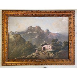 GRANDE ANTICO DIPINTO OLIO F. Sacchetti  PAESAGGIO MONTANO DOLOMITI ALPEGGIO 900