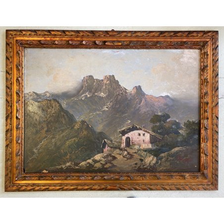 GRANDE ANTICO DIPINTO OLIO F. Sacchetti  PAESAGGIO MONTANO DOLOMITI ALPEGGIO 900