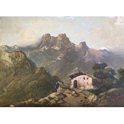 GRANDE ANTICO DIPINTO OLIO F. Sacchetti  PAESAGGIO MONTANO DOLOMITI ALPEGGIO 900