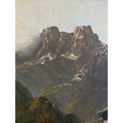 GRANDE ANTICO DIPINTO OLIO F. Sacchetti  PAESAGGIO MONTANO DOLOMITI ALPEGGIO 900