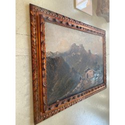 GRANDE ANTICO DIPINTO OLIO F. Sacchetti  PAESAGGIO MONTANO DOLOMITI ALPEGGIO 900
