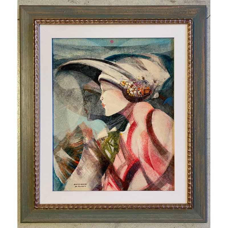 DIPINTO OLIO TELA Brescianini da Rovato "Figure" RITRATTO DONNA CON CAPPELO '900