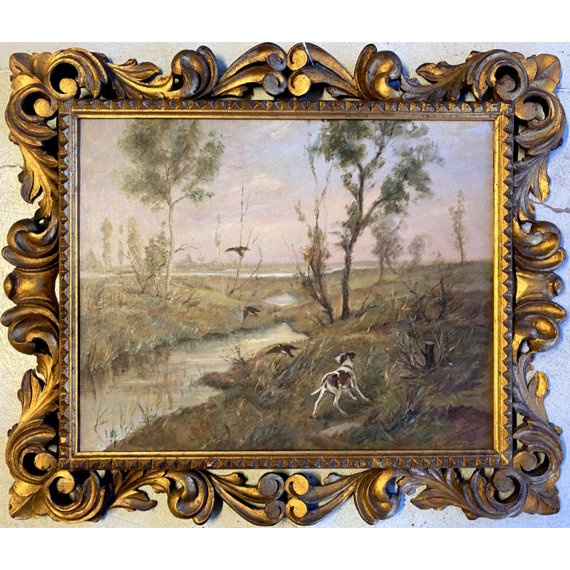 ANTICO DIPINTO OLIO G. Masseroni SCENA di CACCIA PAESAGGIO CAMPAGNA UCCELLI '900