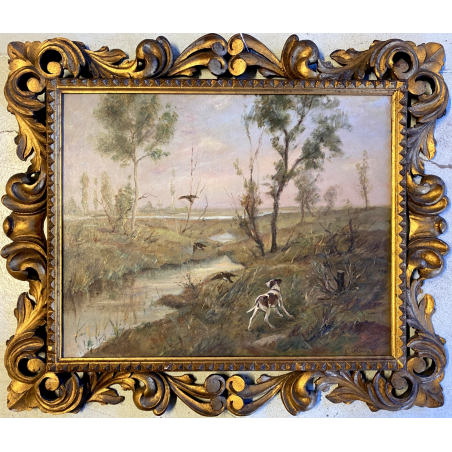 ANTICO DIPINTO OLIO G. Masseroni SCENA di CACCIA PAESAGGIO CAMPAGNA UCCELLI '900