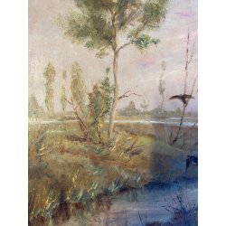 ANTICO DIPINTO OLIO G. Masseroni SCENA di CACCIA PAESAGGIO CAMPAGNA UCCELLI '900