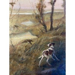 ANTICO DIPINTO OLIO G. Masseroni SCENA di CACCIA PAESAGGIO CAMPAGNA UCCELLI '900