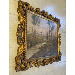 ANTICO DIPINTO OLIO G. Masseroni SCENA di CACCIA PAESAGGIO CAMPAGNA UCCELLI '900