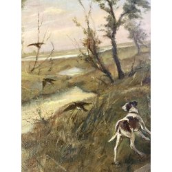 ANTICO DIPINTO OLIO G. Masseroni SCENA di CACCIA PAESAGGIO CAMPAGNA UCCELLI '900