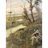 ANTICO DIPINTO OLIO G. Masseroni SCENA di CACCIA PAESAGGIO CAMPAGNA UCCELLI '900