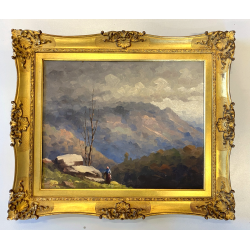 ANTICO DIPINTO OLIO Gino De Lai VEDUTA PAESAGGIO ALPINO MONTAGNA CONTADINA '900