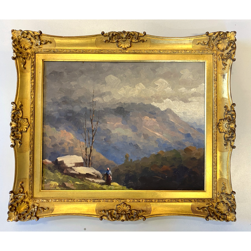 ANTICO DIPINTO OLIO Gino De Lai VEDUTA PAESAGGIO ALPINO MONTAGNA CONTADINA '900