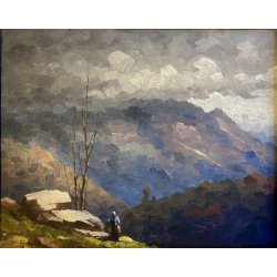 ANTICO DIPINTO OLIO Gino De Lai VEDUTA PAESAGGIO ALPINO MONTAGNA CONTADINA '900