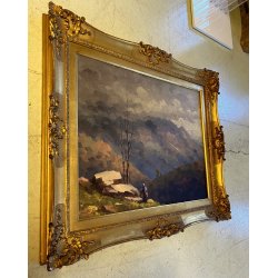 ANTICO DIPINTO OLIO Gino De Lai VEDUTA PAESAGGIO ALPINO MONTAGNA CONTADINA '900