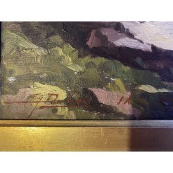 ANTICO DIPINTO OLIO Gino De Lai VEDUTA PAESAGGIO ALPINO MONTAGNA CONTADINA '900