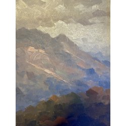 ANTICO DIPINTO OLIO Gino De Lai VEDUTA PAESAGGIO ALPINO MONTAGNA CONTADINA '900