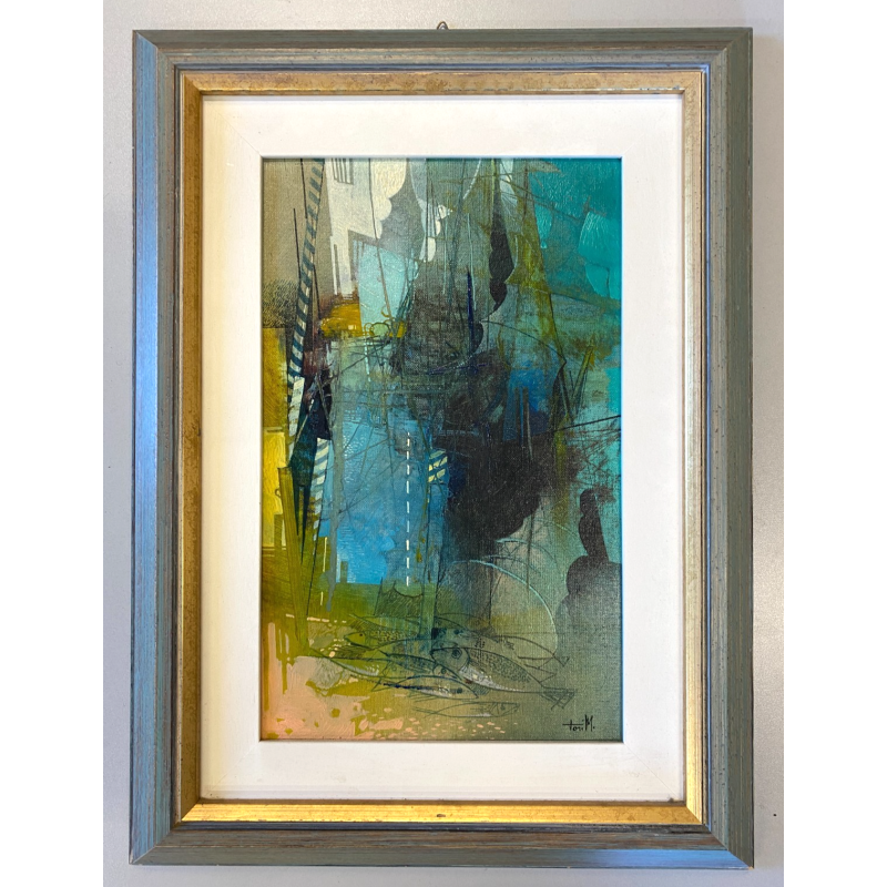 QUADRO DIPINTO OLIO Mario Tosi  COMPOSIZIONE ASTRATTA PESCI BRICOLE VENEZIA '900