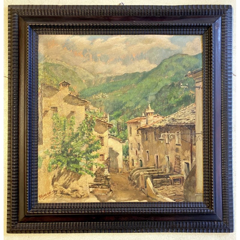 GRANDE ANTICO DIPINTO OLIO SCORCIO BORGO MONTANO CORNICE GUILLOCHE epoca '800