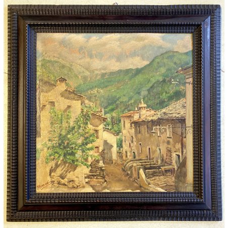 GRANDE ANTICO DIPINTO OLIO SCORCIO BORGO MONTANO CORNICE GUILLOCHE epoca '800
