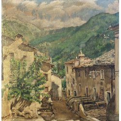 GRANDE ANTICO DIPINTO OLIO SCORCIO BORGO MONTANO CORNICE GUILLOCHE epoca '800