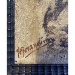 GRANDE ANTICO DIPINTO OLIO SCORCIO BORGO MONTANO CORNICE GUILLOCHE epoca '800