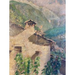 GRANDE ANTICO DIPINTO OLIO SCORCIO BORGO MONTANO CORNICE GUILLOCHE epoca '800