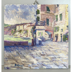 PICCOLO DIPINTO OLIO A. Rossi PAESAGGIO COSTIERO ANTICO BORGO MEDITERRANEO '900