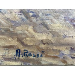 PICCOLO DIPINTO OLIO A. Rossi PAESAGGIO COSTIERO ANTICO BORGO MEDITERRANEO '900