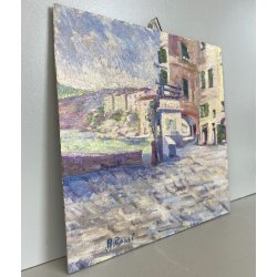 PICCOLO DIPINTO OLIO A. Rossi PAESAGGIO COSTIERO ANTICO BORGO MEDITERRANEO '900