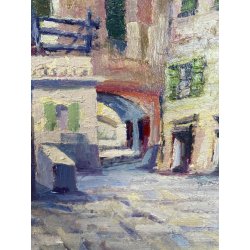 PICCOLO DIPINTO OLIO A. Rossi PAESAGGIO COSTIERO ANTICO BORGO MEDITERRANEO '900