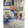 PICCOLO DIPINTO OLIO A. Rossi PAESAGGIO COSTIERO ANTICO BORGO MEDITERRANEO '900