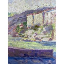 PICCOLO DIPINTO OLIO A. Rossi PAESAGGIO COSTIERO ANTICO BORGO MEDITERRANEO '900