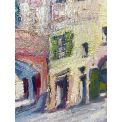 PICCOLO DIPINTO OLIO A. Rossi PAESAGGIO COSTIERO ANTICO BORGO MEDITERRANEO '900